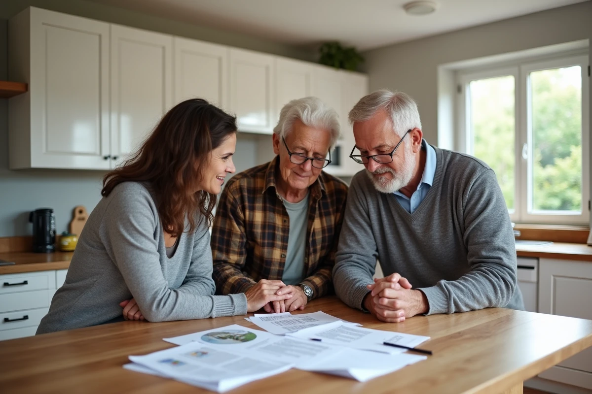Une famille discute de la donation immobilière d'une maison entre parents et enfants adultes
