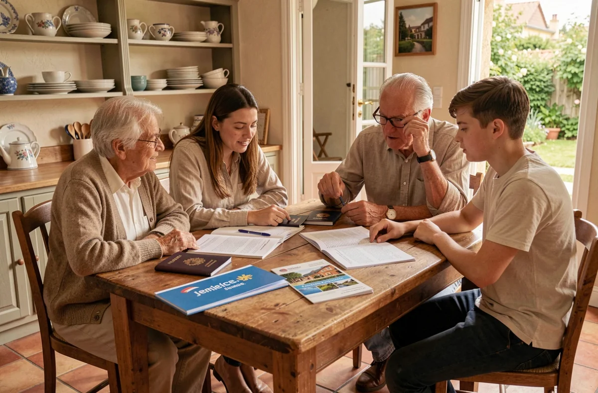 Famille multigénérationnelle préparant un voyage en consultant leur assurance Leclerc