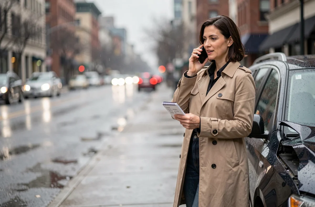 Femme téléphonant aux services d'urgence après un accident de voiture sous la pluie en ville