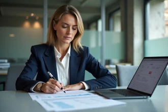 Femme d'affaires comparant les structures juridiques SARL et SAS dans un bureau moderne