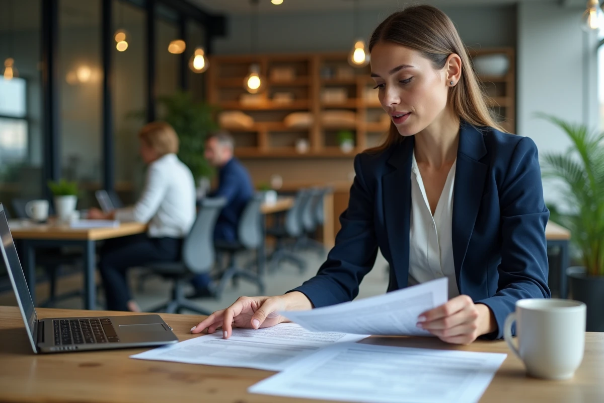 Femme d'affaires comparant les statuts juridiques SAS et SARL sur son bureau avec des documents légaux