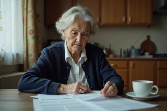 Femme âgée examinant des documents de retraite à une table de cuisine modeste