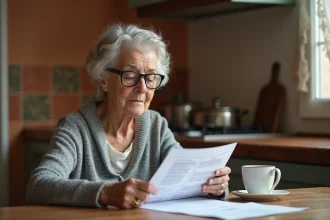 Femme âgée consultant des documents administratifs relatifs à une pension de réversion à son domicile
