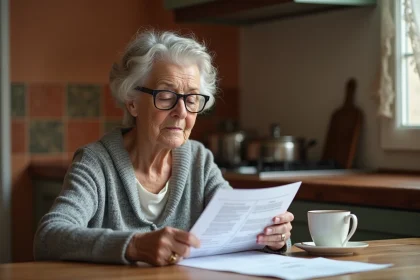 Femme âgée consultant des documents administratifs relatifs à une pension de réversion à son domicile