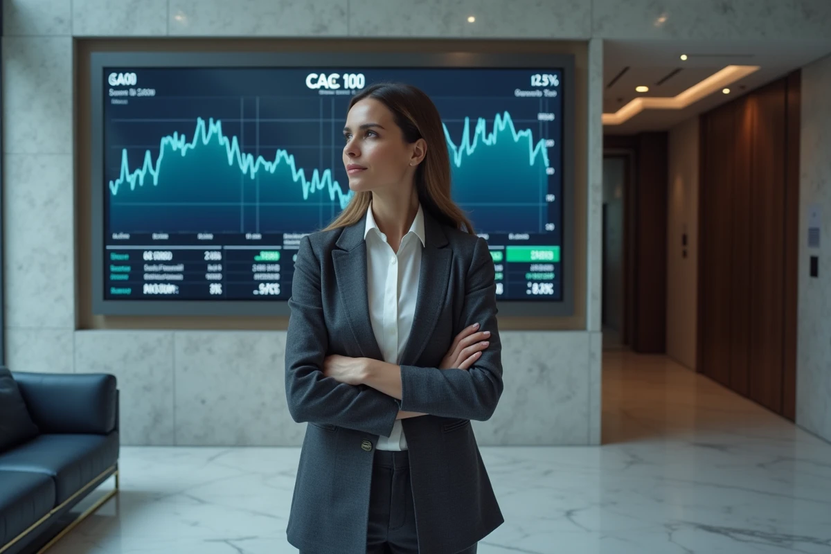 Femme analyste devant un écran affichant les cours boursiers du CAC 40 dans un hall financier
