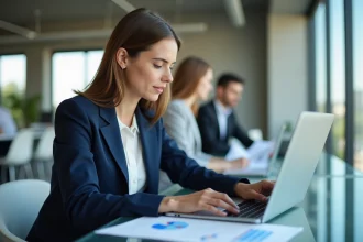 Une femme analyste fintech examine des graphiques financiers sur un ordinateur portable dans un bureau moderne