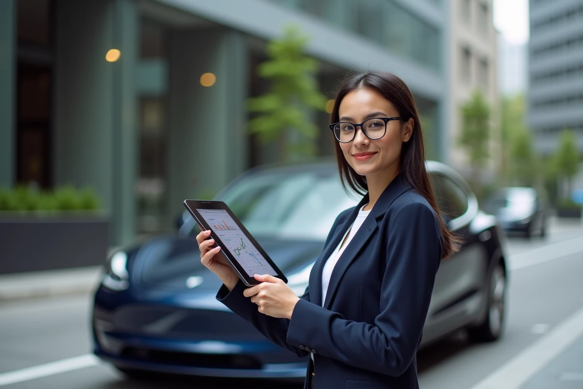 Femme analyste tenant une tablette avec des indicateurs financiers devant une Tesla dans un contexte urbain moderne