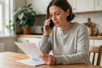 Femme téléphonant au service client Cofidis pour résilier une assurance depuis son domicile