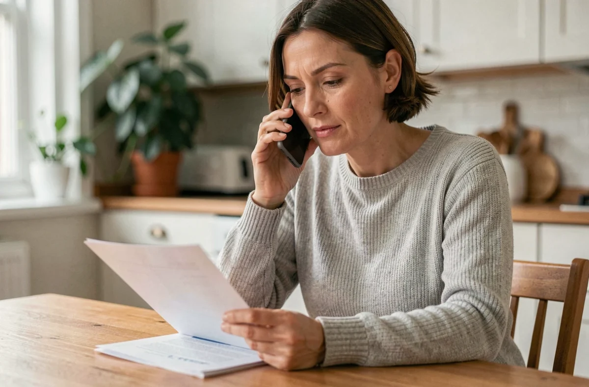 Femme téléphonant au service client Cofidis pour résilier une assurance depuis son domicile