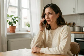 Femme appelant le service client Cofidis depuis son domicile avec un smartphone