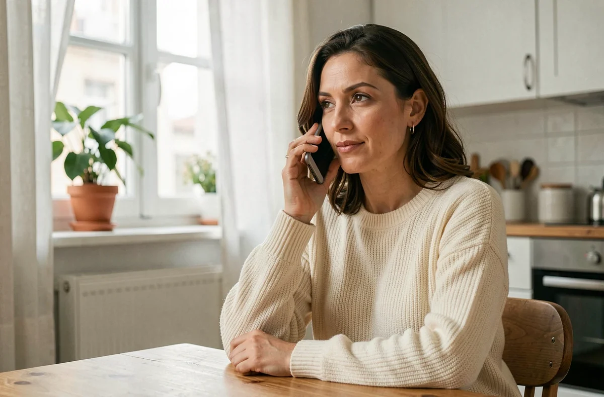 Femme appelant le service client Cofidis depuis son domicile avec un smartphone