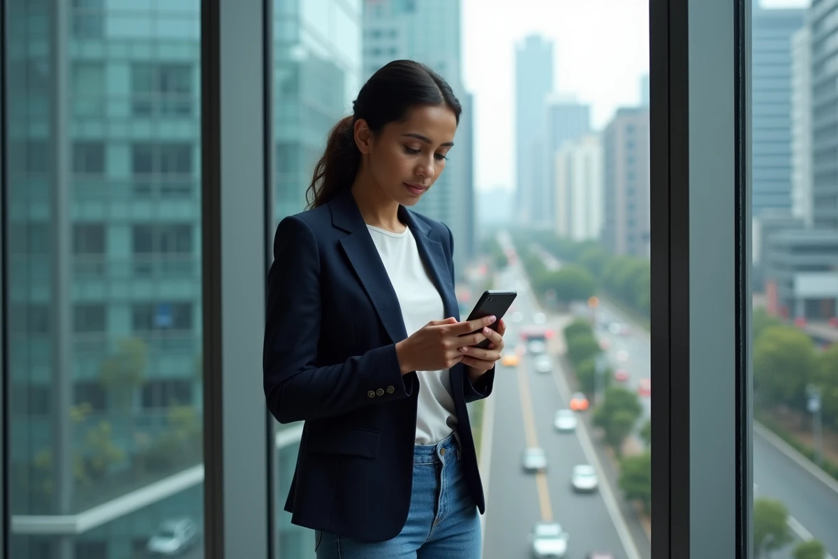 Femme utilisant une application de finance décentralisée sur smartphone dans un espace de coworking urbain