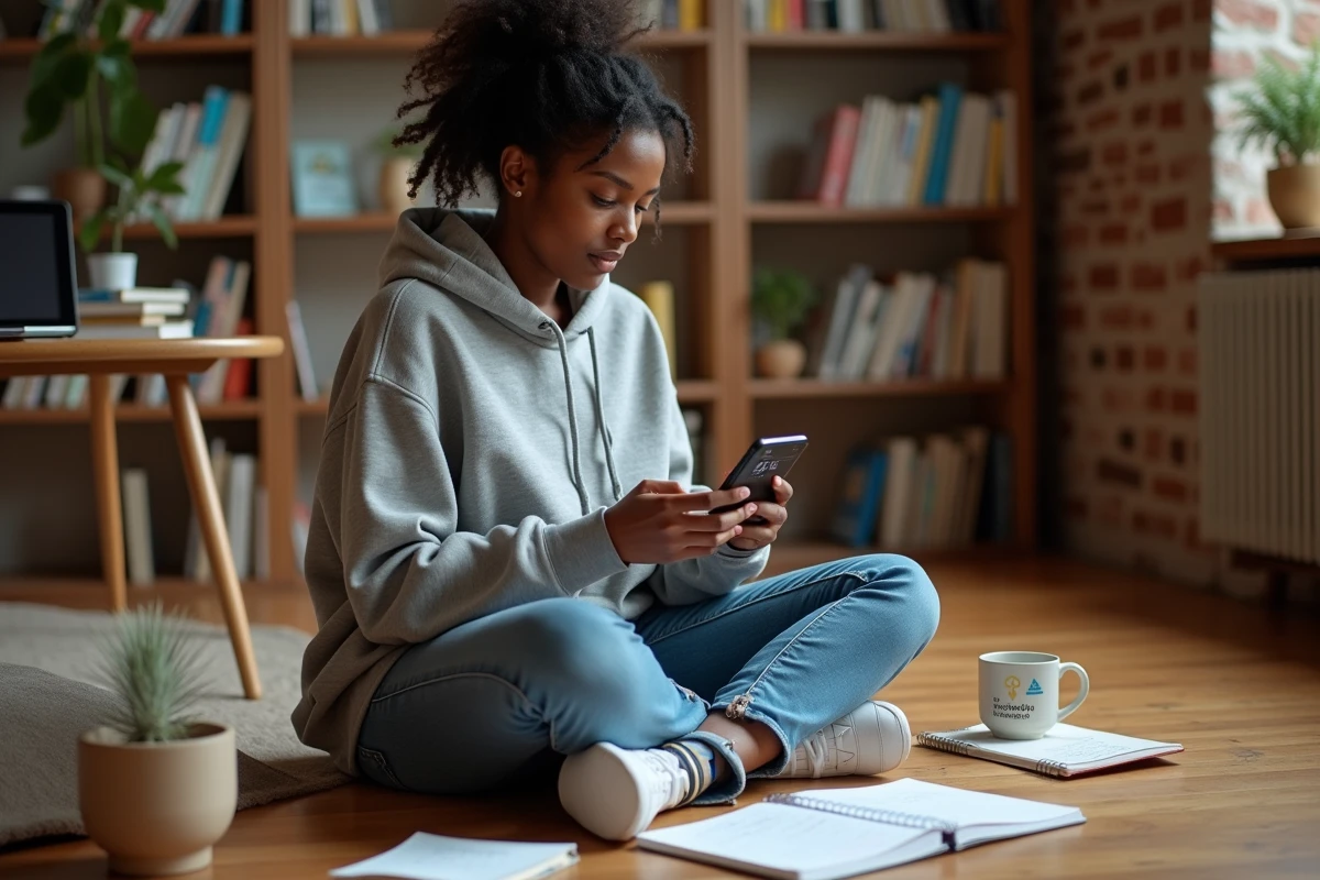 Une femme utilisant une application de finance décentralisée sur smartphone dans un espace de travail à domicile chaleureux