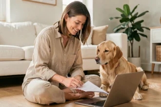 Femme consultant une assurance chien sur un ordinateur portable avec son golden retriever à ses côtés