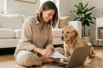 Femme consultant une assurance chien sur un ordinateur portable avec son golden retriever à ses côtés