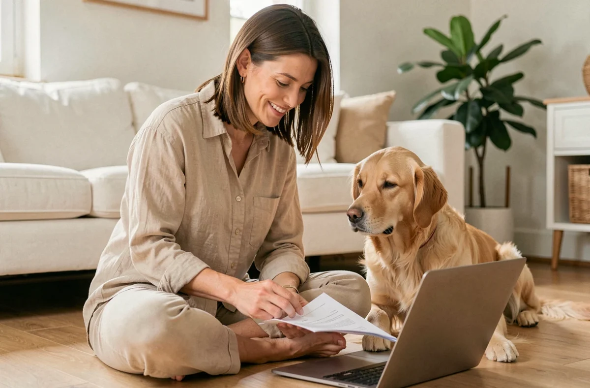 Femme consultant une assurance chien sur un ordinateur portable avec son golden retriever à ses côtés