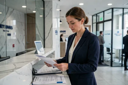 Femme professionnelle dans une banque classique comparant des options de dépôt d'espèces au guichet