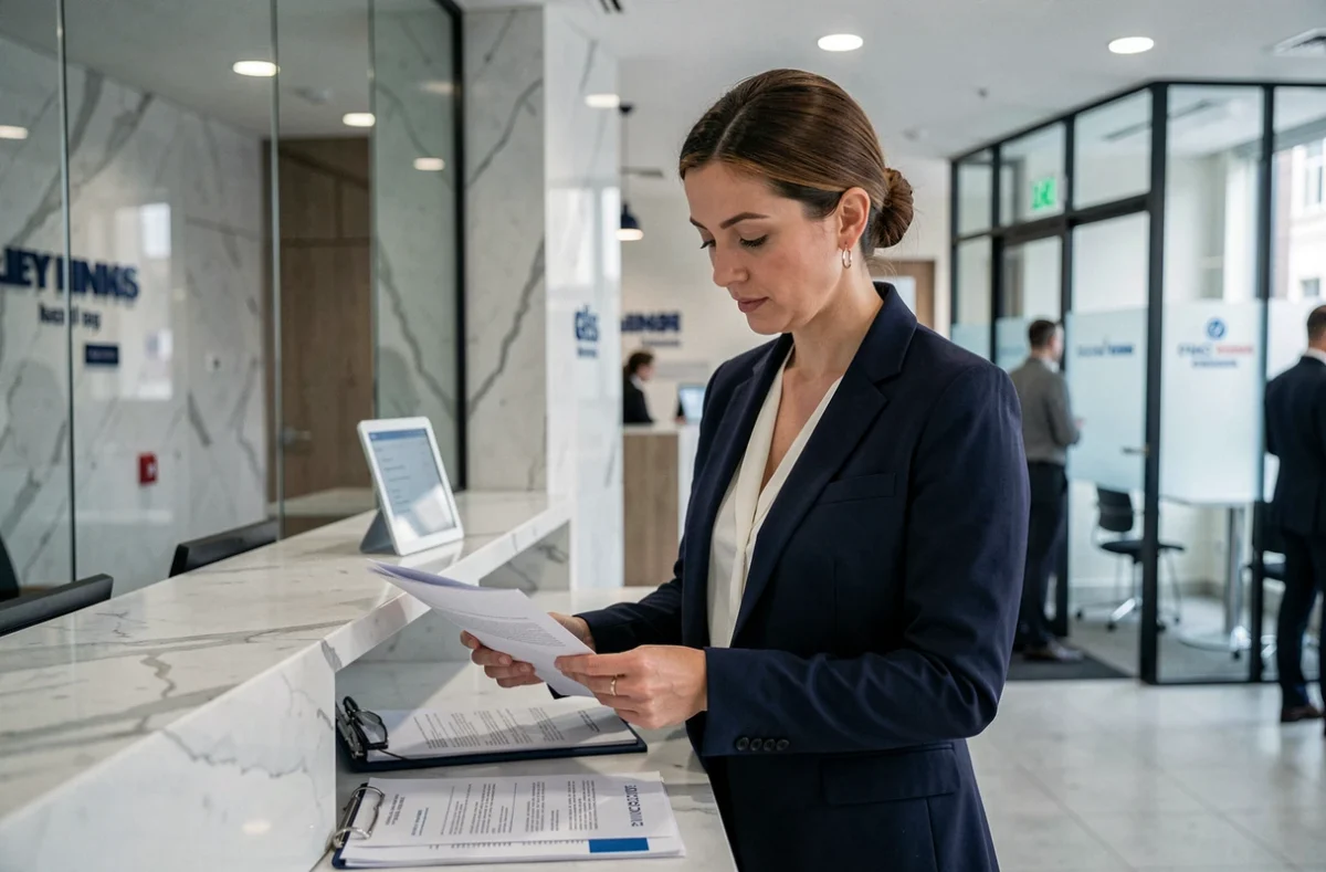Femme professionnelle dans une banque classique comparant des options de dépôt d'espèces au guichet