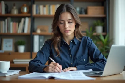 Femme professionnelle analysant des données financières sur un ordinateur portable dans un bureau à domicile moderne