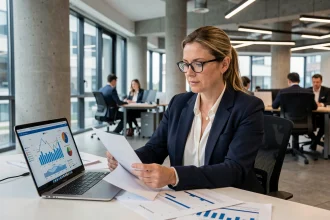 Femme cadre en entreprise analysant des données salariales sur ordinateur dans un bureau moderne en France