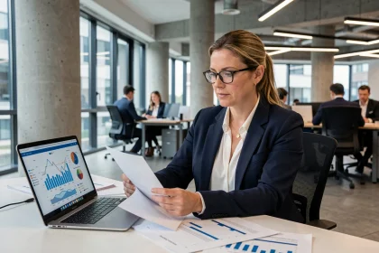 Femme cadre en entreprise analysant des données salariales sur ordinateur dans un bureau moderne en France