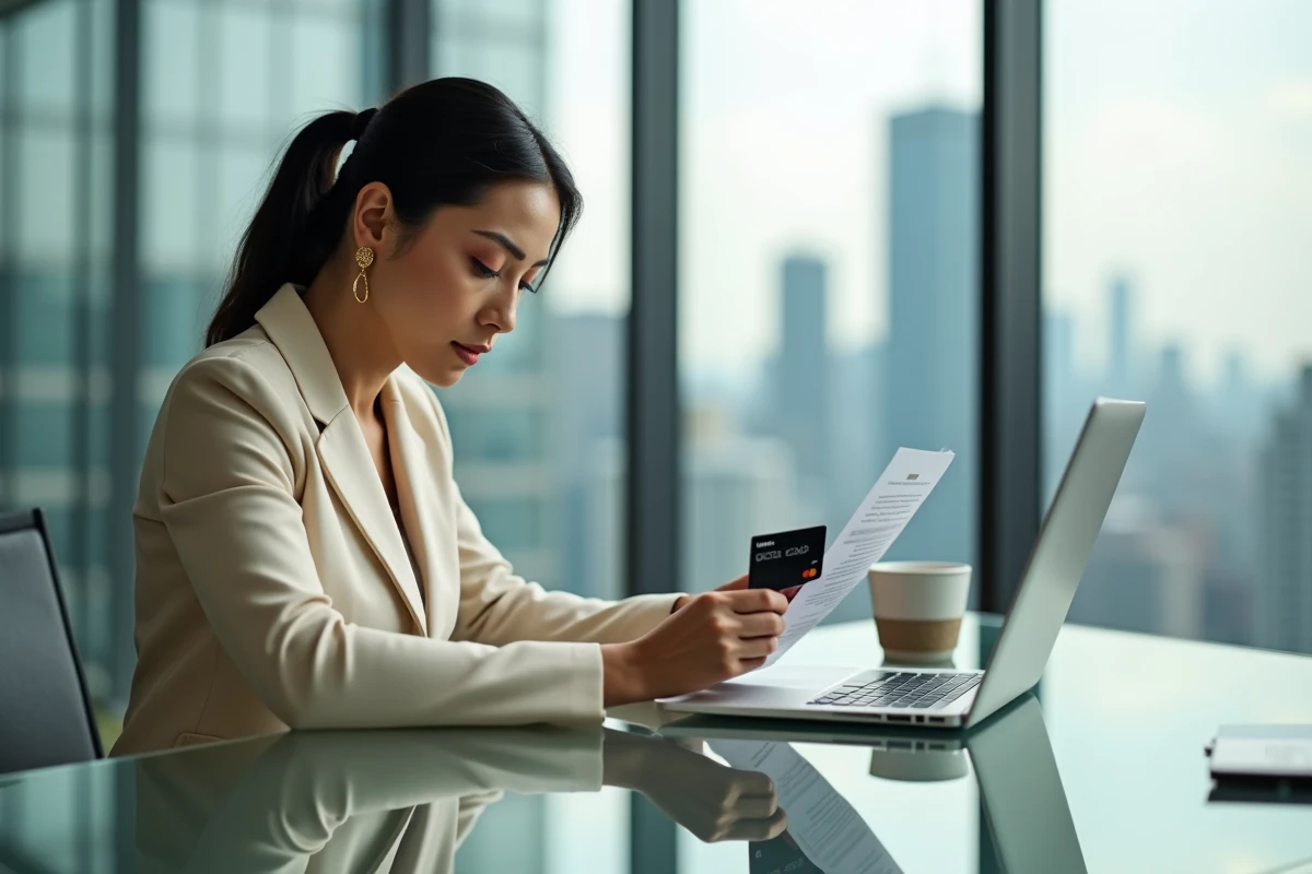 Femme cadre en blazer consultant des documents financiers avec une carte noire sur un bureau en verre