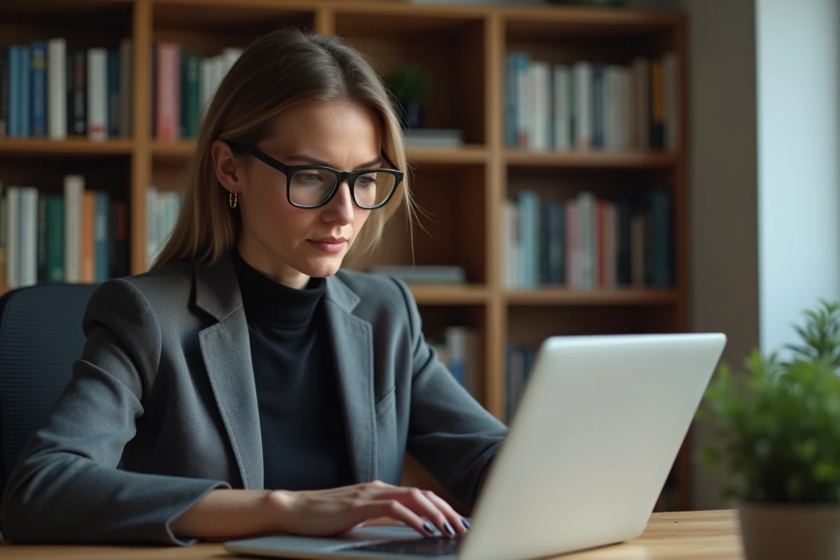Femme cadre consultant un comparatif de taux de fonds euro sur ordinateur portable dans un bureau à domicile