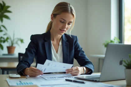 Femme cadre en blazer marine consultant des documents financiers pour ouvrir un PEA-PME