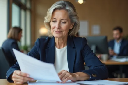 Femme cadre consultant des documents administratifs pour une prime de 1000 euros au bureau