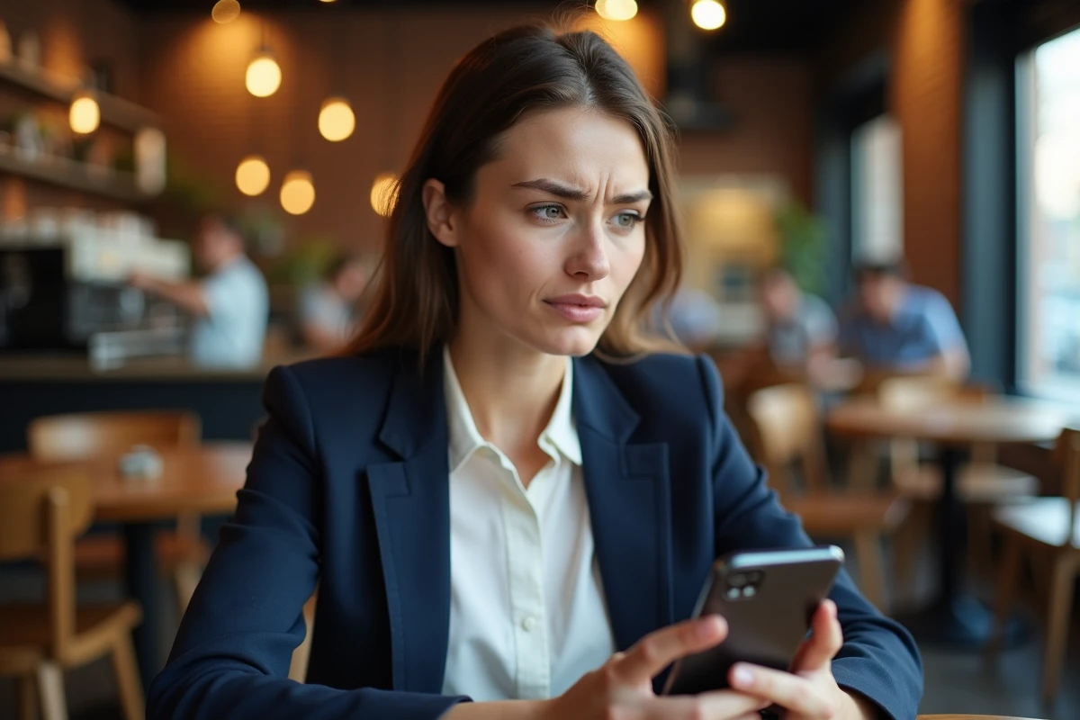 Femme dans un café regardant une erreur de retrait euros sur l'application Binance