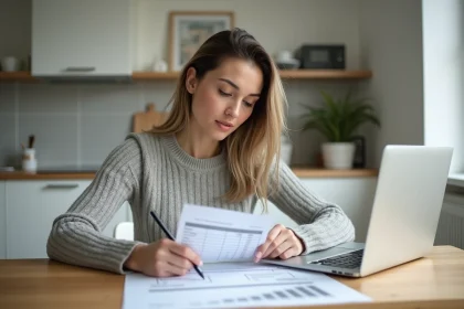 Femme calculant les mensualités d'un crédit de 15000 euros sur 5 ans à la table de sa cuisine