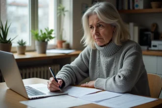 Femme au chômage vérifiant ses droits à la prime de Noël sur son ordinateur avec des documents administratifs