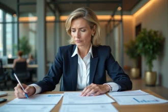 Femme d'affaires comparant des devis d'assurance dans un bureau moderne