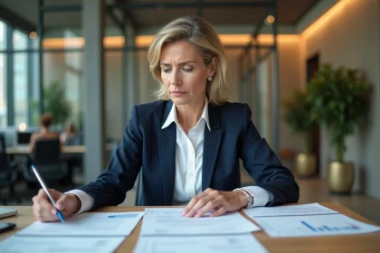 Femme d'affaires comparant des devis d'assurance dans un bureau moderne