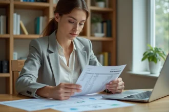 Femme comparant des relevés bancaires sur son bureau pour choisir la banque la moins chère