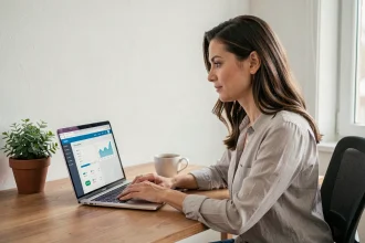 Femme connectée à son espace client LCL sur un ordinateur portable depuis son bureau à domicile