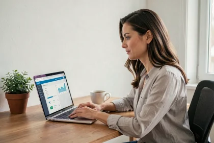 Femme connectée à son espace client LCL sur un ordinateur portable depuis son bureau à domicile