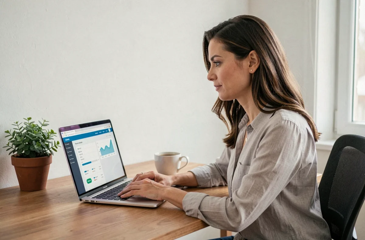 Femme connectée à son espace client LCL sur un ordinateur portable depuis son bureau à domicile