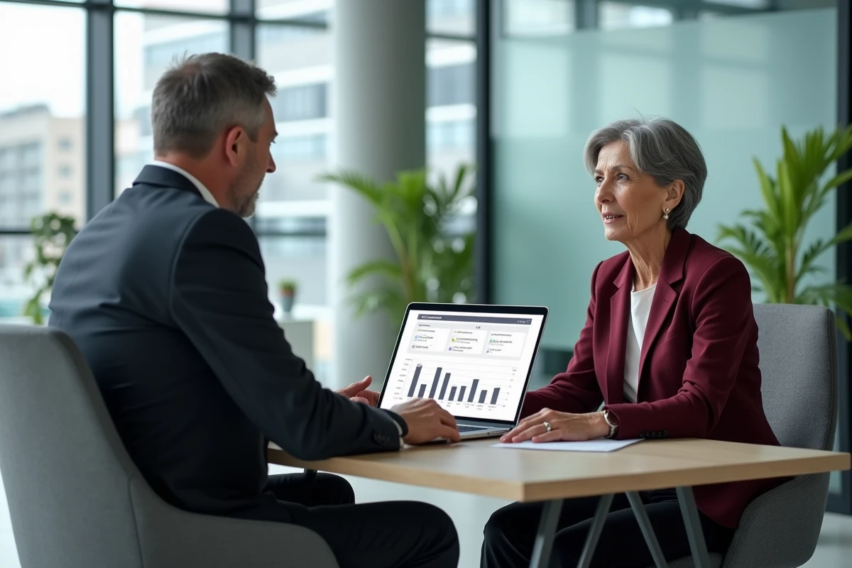 Femme de 62 ans consultant un conseiller financier pour préparer son départ en retraite anticipée, avec graphiques de calcul de pension visible sur un écran d'ordinateur portable