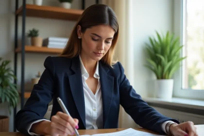 Femme consultant un contrat d'assurance loyer impayé à son bureau à domicile