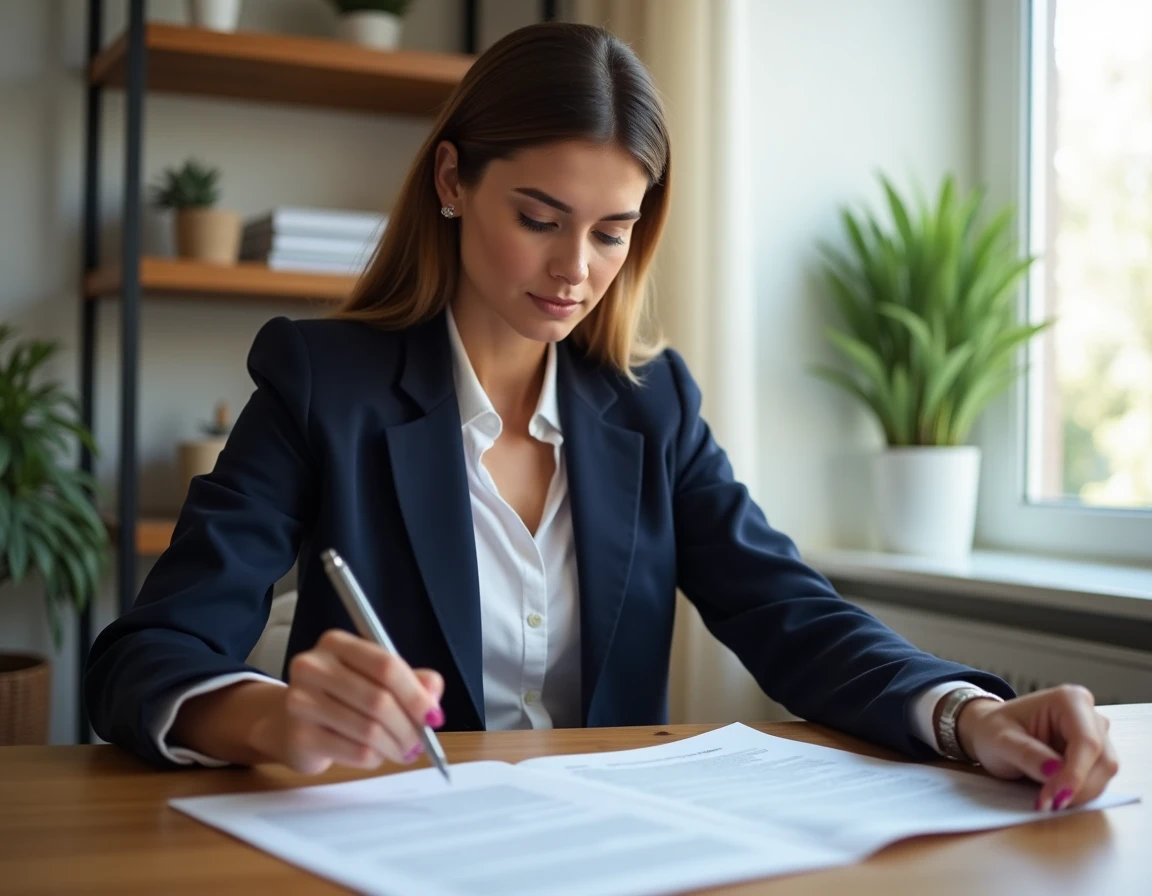 Femme consultant un contrat d'assurance loyer impayé à son bureau à domicile