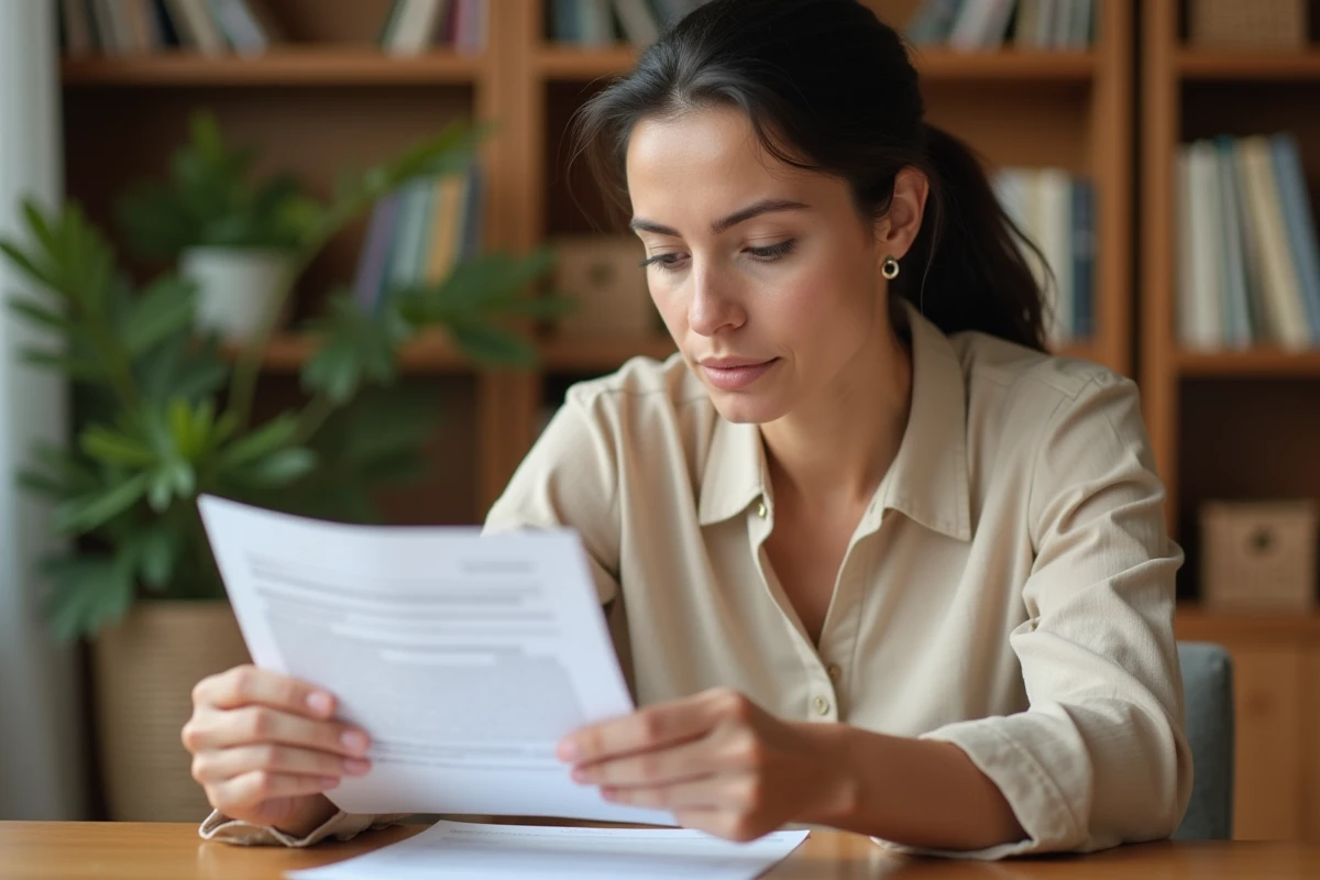 Femme consultant un contrat d'assurance responsabilité civile à domicile