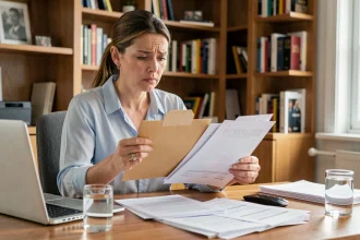 Femme examinant une lettre importante de La Banque Postale à son bureau à domicile, air préoccupé, documents éparpillés