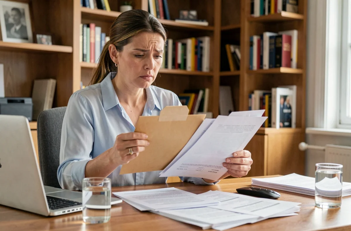 Femme examinant une lettre importante de La Banque Postale à son bureau à domicile, air préoccupé, documents éparpillés