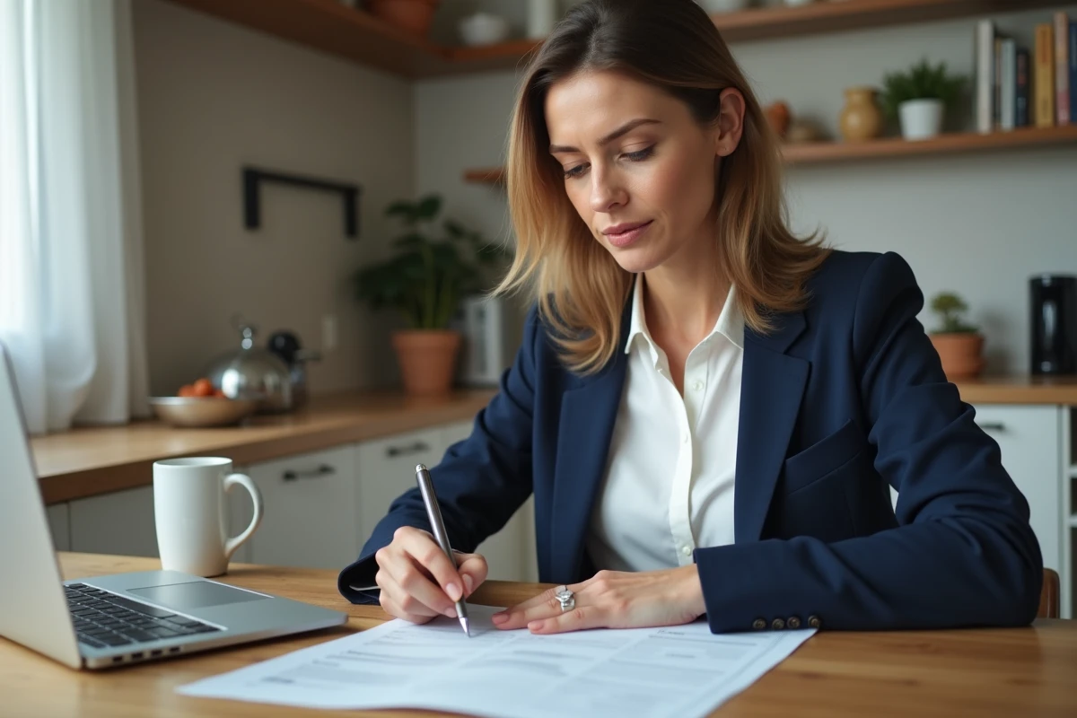 Une femme complétant une demande d'étalement de paiement à domicile avec un formulaire et un ordinateur portable