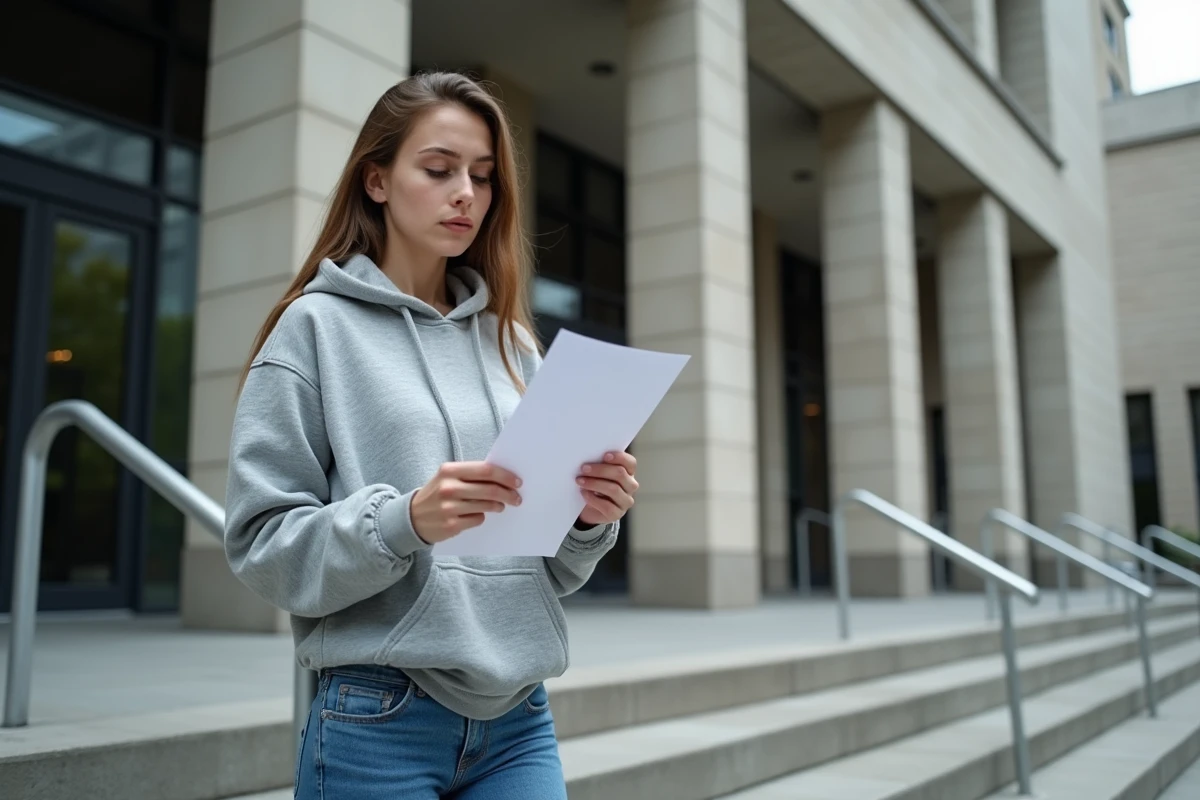 Jeune femme lisant un document officiel devant l'entrée d'un palais de justice en milieu urbain