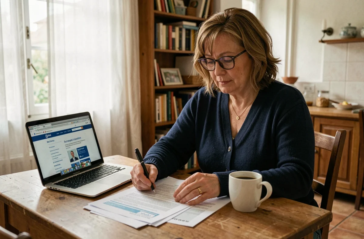 Femme d'une cinquantaine d'années examinant des documents d'assurance santé à la maison, illustrant le cumul de la CSS et d'une mutuelle complémentaire