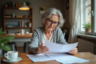 Femme d'âge mûr consultant des documents administratifs sur le montant de l'invalidité à domicile
