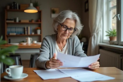 Femme d'âge mûr consultant des documents administratifs sur le montant de l'invalidité à domicile