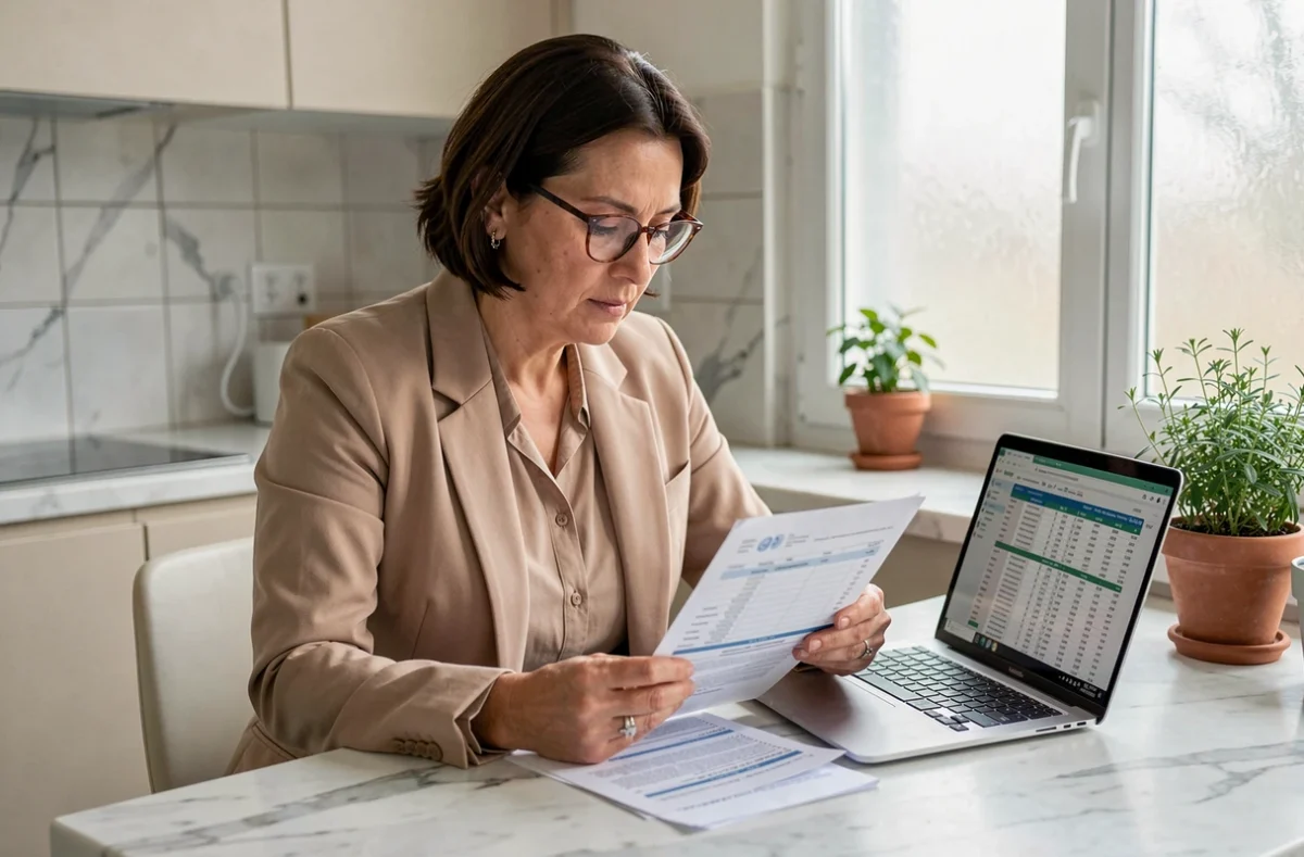 Femme étudiant sa fiscalité SCPI en assurance-vie sur un document d'imposition à domicile